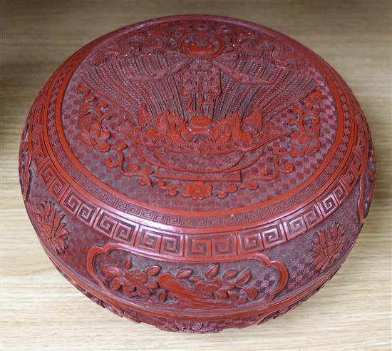 A 19th century Chinese cinnabar lacquer box and cover, diameter 10in.